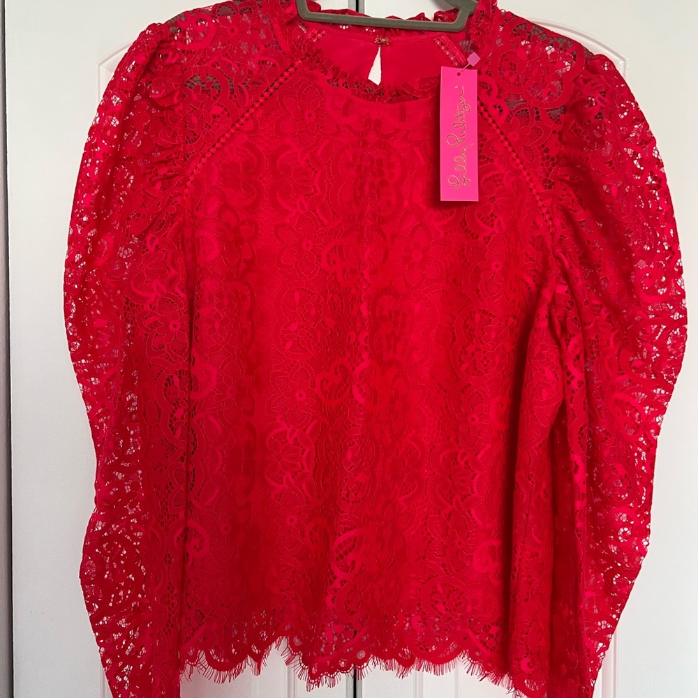 Lilly Pulitzer Red Lace Long-Sleeve Blouse - Picture 6 of 8